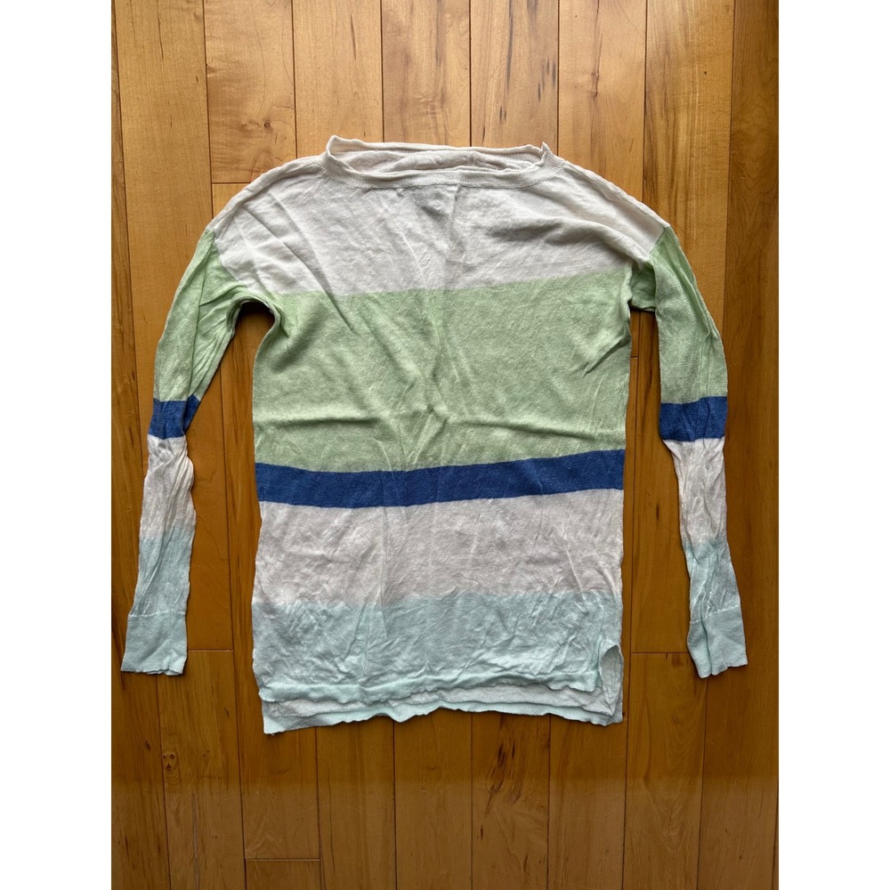 LL Bean Signature Womens XS Linen Striped Sweater Green Blue White 293423